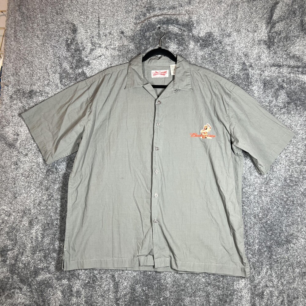Budweiser Shirt Mens XL Gray Short Sleeve Button Up Camp Shirt Graphic